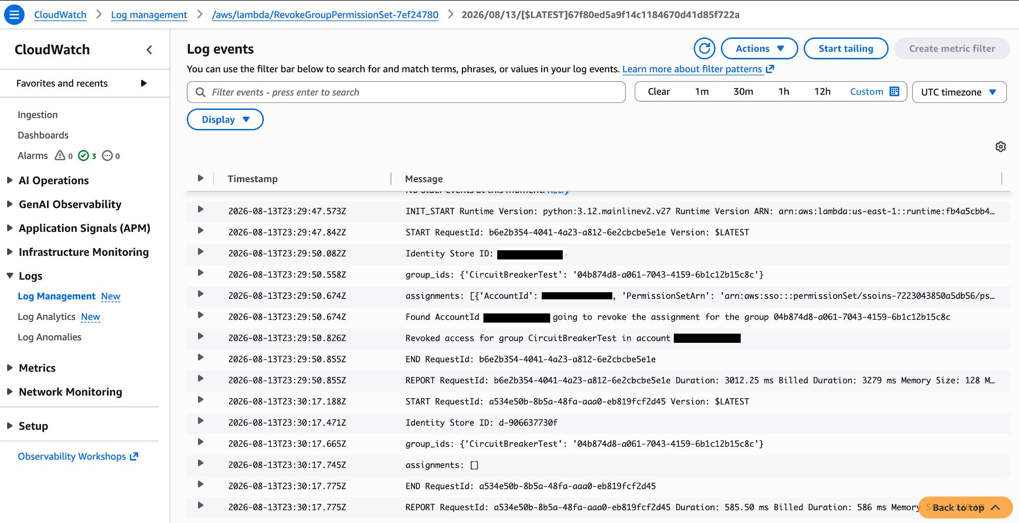 CloudWatch Logs showing two invocations of the RevokeGroupPermissionSet Lambda on 2026-08-13. The first execution successfully revokes access for group "CircuitBreakerTest" in a target account (duration: 3012 ms). The second invocation finds no assignments to revoke (empty assignments list, duration: 586 ms).